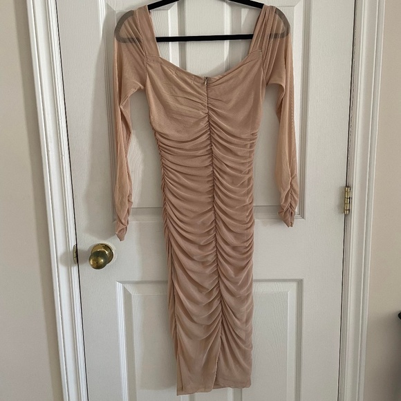 Ruched Nude/Cream Midi Bodycon Dress - Picture 6 of 6
